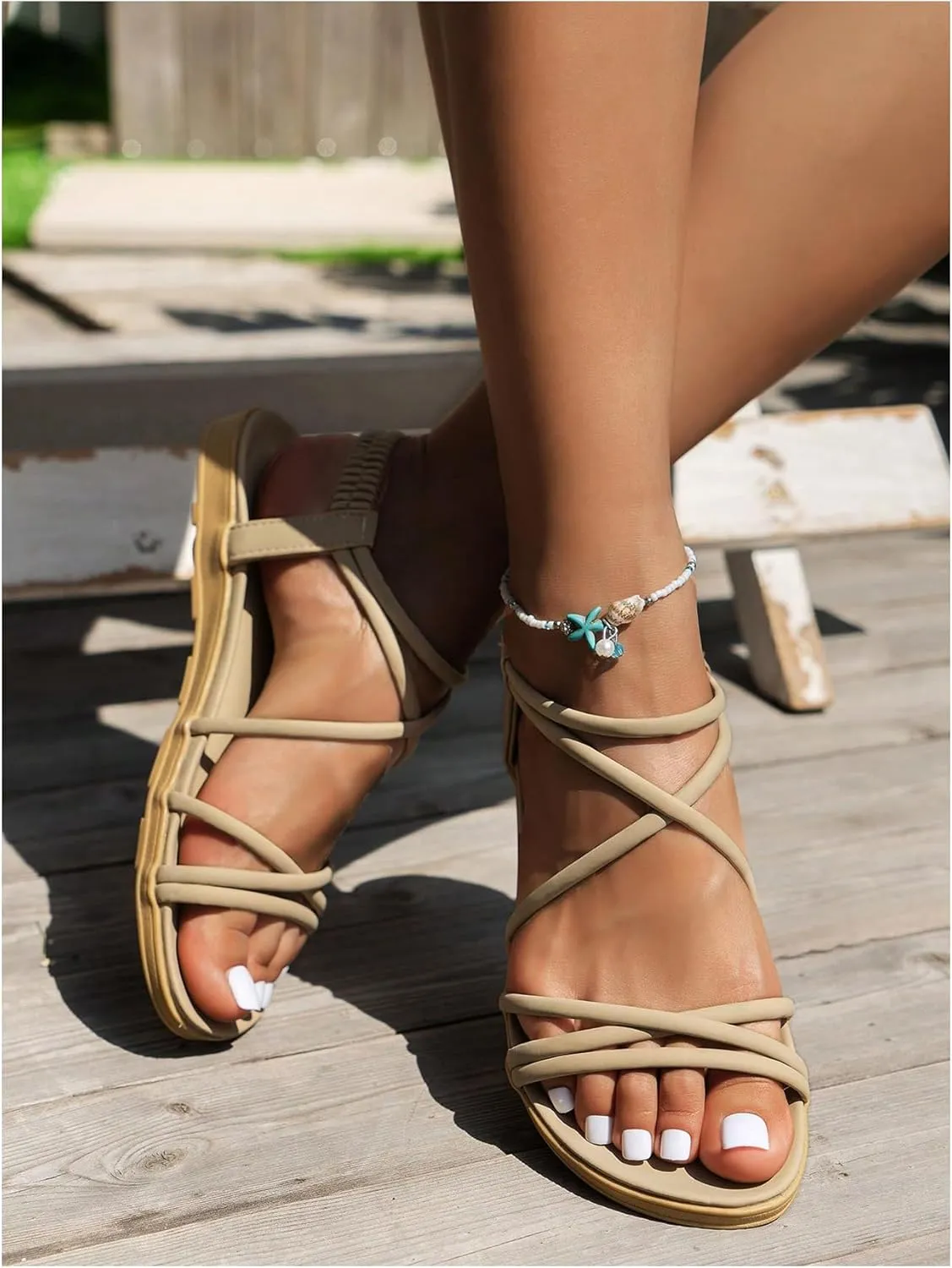 OYOANGLE Women's Criss Cross Strappy Flat Sandal Open Toe Elastic Ankle Strap Sandals