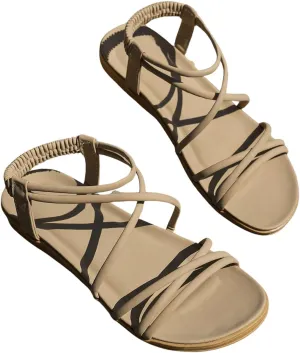 OYOANGLE Women's Criss Cross Strappy Flat Sandal Open Toe Elastic Ankle Strap Sandals
