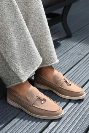 PEGASUS WIDE FIT SLIP ON TRIM LOAFERS WITH ACCESSORY DETAILING IN KHAKI SUEDE