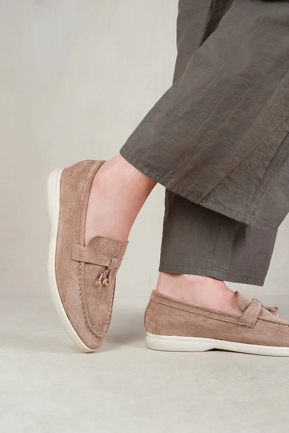 PEGASUS WIDE FIT SLIP ON TRIM LOAFERS WITH ACCESSORY DETAILING IN KHAKI SUEDE