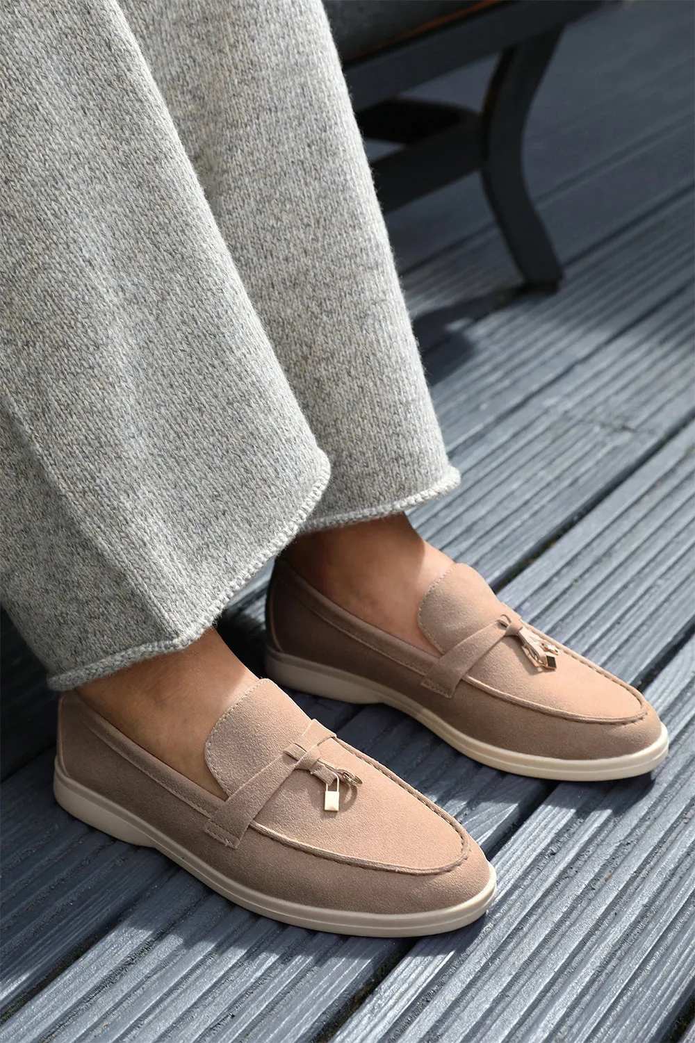 PEGASUS WIDE FIT SLIP ON TRIM LOAFERS WITH ACCESSORY DETAILING IN KHAKI SUEDE
