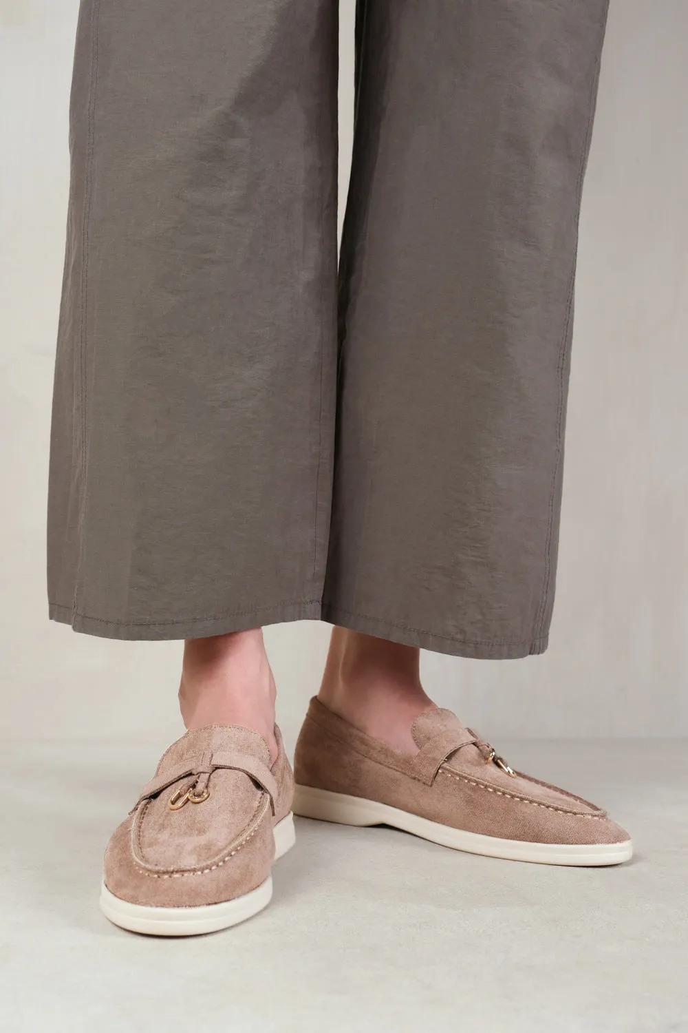 PEGASUS WIDE FIT SLIP ON TRIM LOAFERS WITH ACCESSORY DETAILING IN KHAKI SUEDE