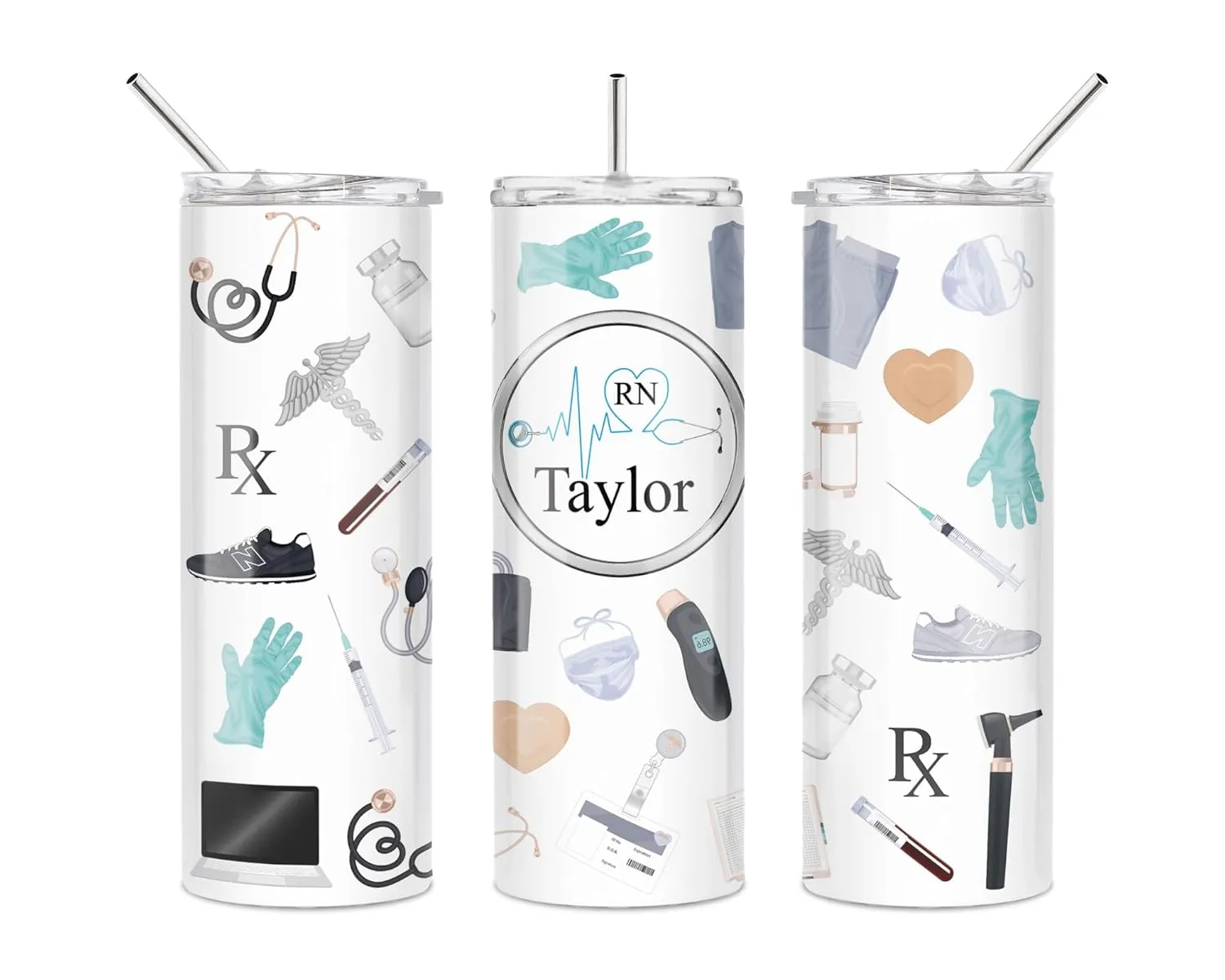Personalized EKG Heart 20oz Skinny Tumbler Made in USA - Double-Walled, Vacuum Insulated Stainless Steel - Includes Lid/Metal Straw - Custom Medical Cup for Doctor, Nurse - Keep Calm and Caffeinate