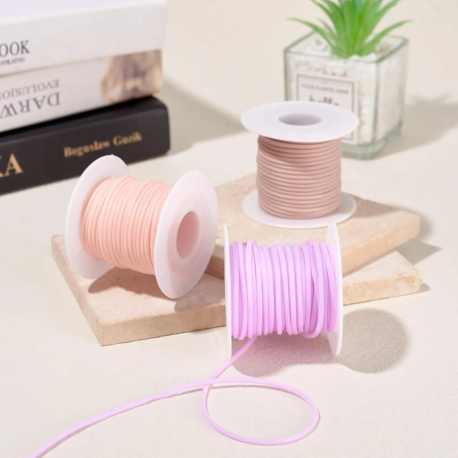 PH PandaHall 32.8 Yards Tan Khaki Knitting Cord, 2mm Rubber Tubing, Ideal for Knitting and Crafting