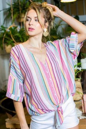 Pink Multi Color Stripe Button Down Top