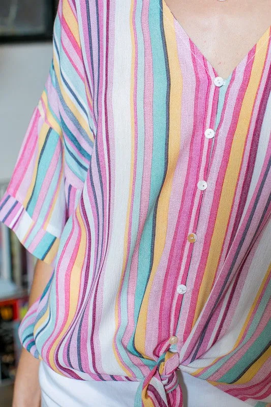 Pink Multi Color Stripe Button Down Top