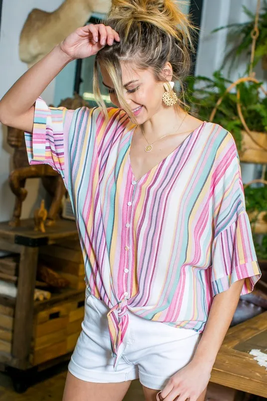 Pink Multi Color Stripe Button Down Top