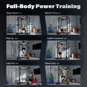 Power Cage | 5-in-1 Squat Rack with Adjustable J-Hooks, Cable Machine & Pull-Up Bar | Home and Garage Gym Equipment for Strength Training