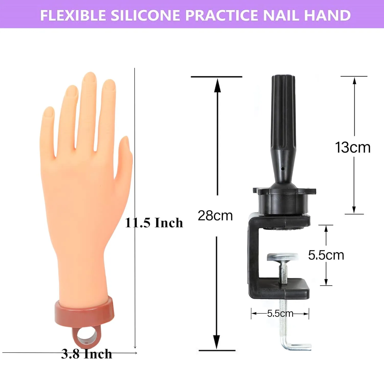 Practice Hand for Acrylic Nails, Professional Nail Practice Hand Fake Hand for Nail Practice Mannequin Hands for Nails Practice Nail Training Practice Hand for Acrylic Nail Kit(with Clamp Holder)