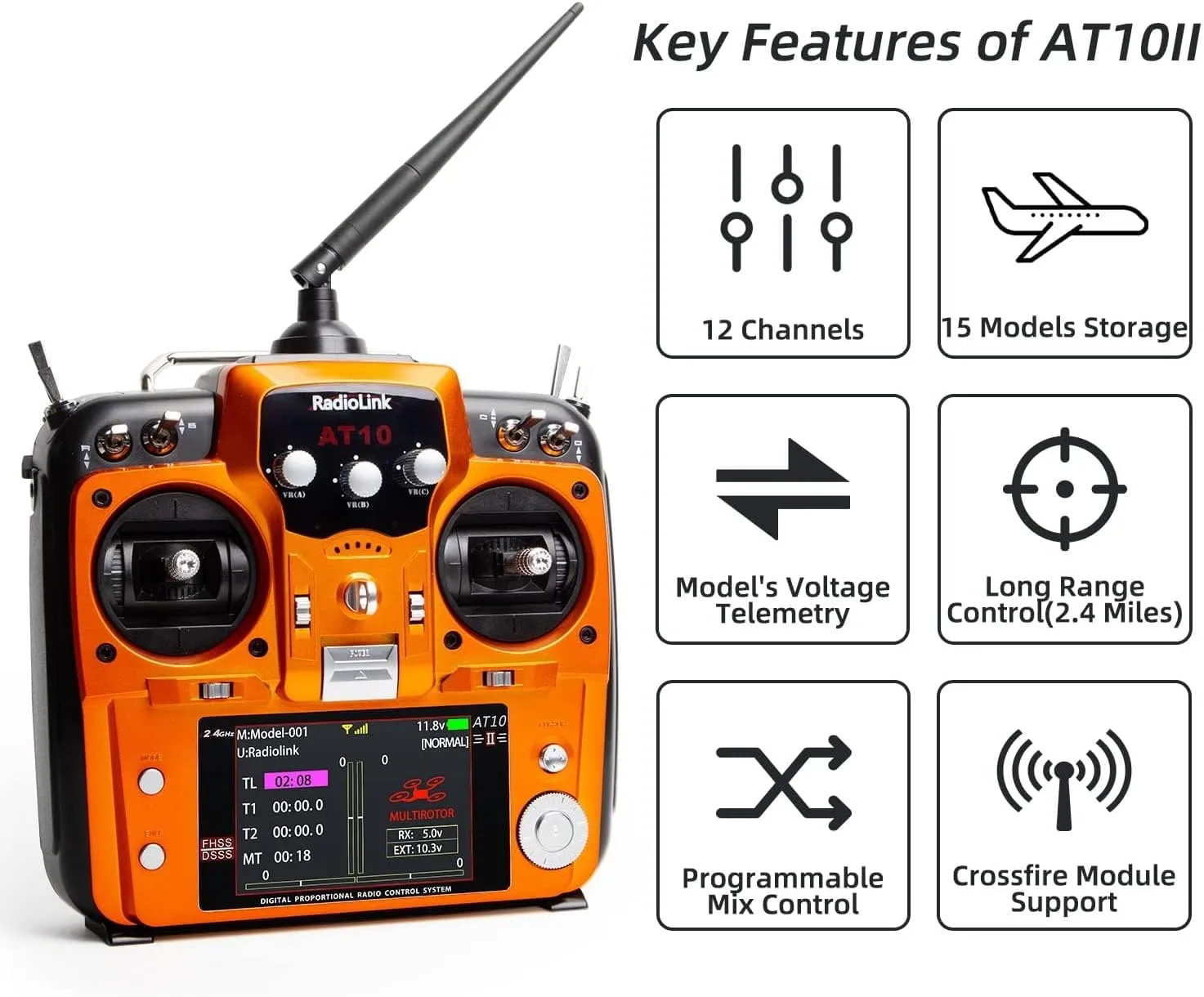 Radiolink AT10II 12 Channels RC Transmitter and Receiver R12DS 2.4GHz Radio Remote, Voltage Telemetry for RC Airplane, FPV Racing Drone, Quad, Helicopter, Car and Boat (Mode 2 Left-Hand Throttle)