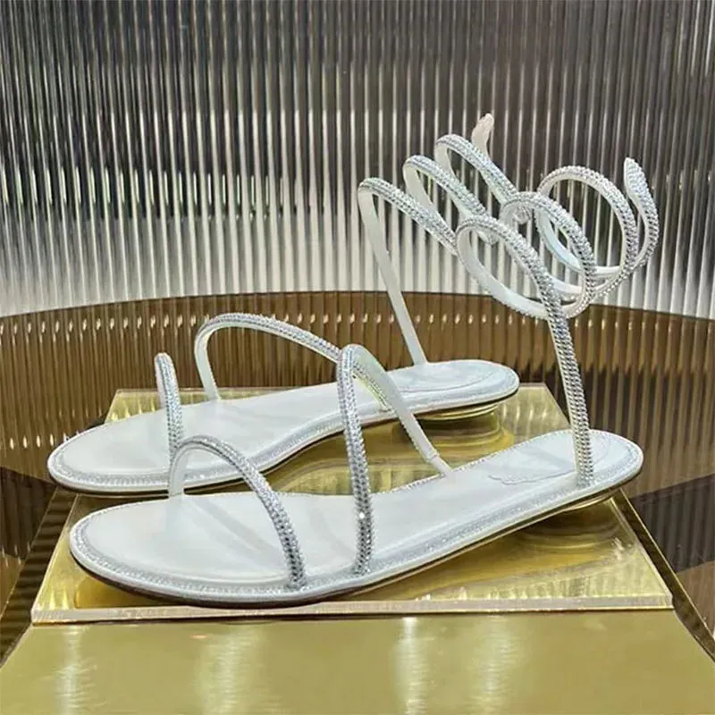 Rhinestone Snake Twine Around Ankle Strap Flat Sandals