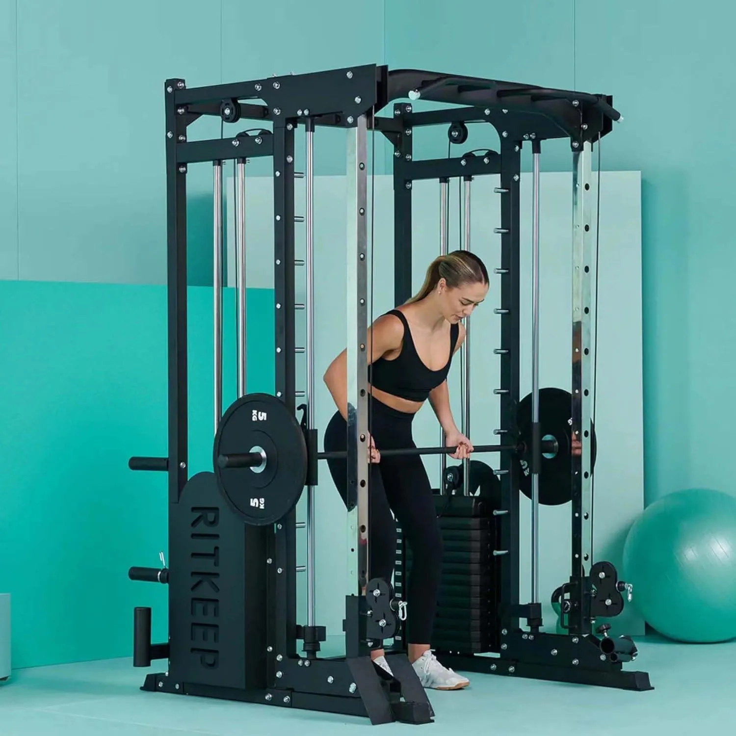 RitKeep PMAX 5600 Home Gym SmithΔ Machine, 6-in-1 Strength Training System with 326lb Dual Weight Stacks, Multi-Accessories Including Chin-up, Dip Bar, Low Row and Landmine.