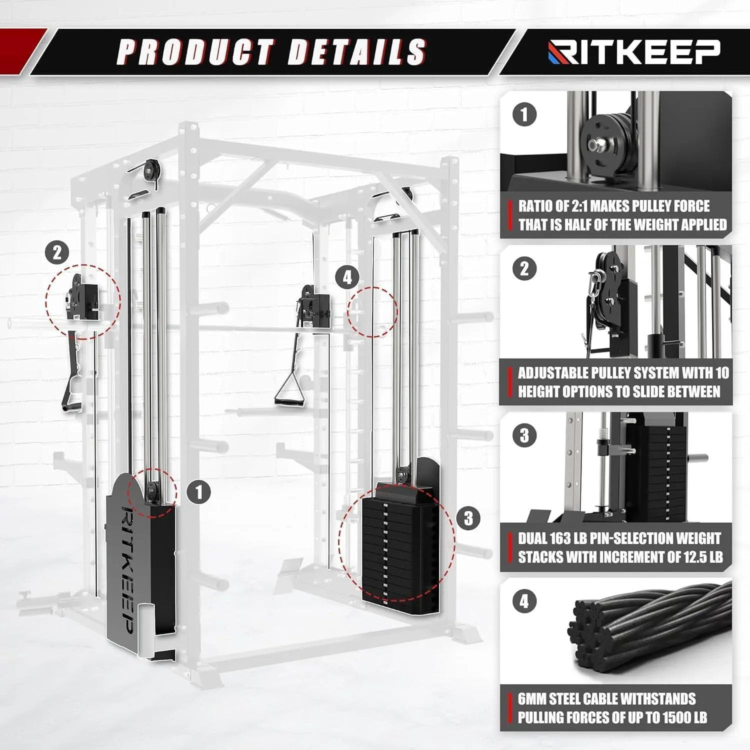 RitKeep PMAX 5600 Home Gym SmithΔ Machine, 6-in-1 Strength Training System with 326lb Dual Weight Stacks, Multi-Accessories Including Chin-up, Dip Bar, Low Row and Landmine.