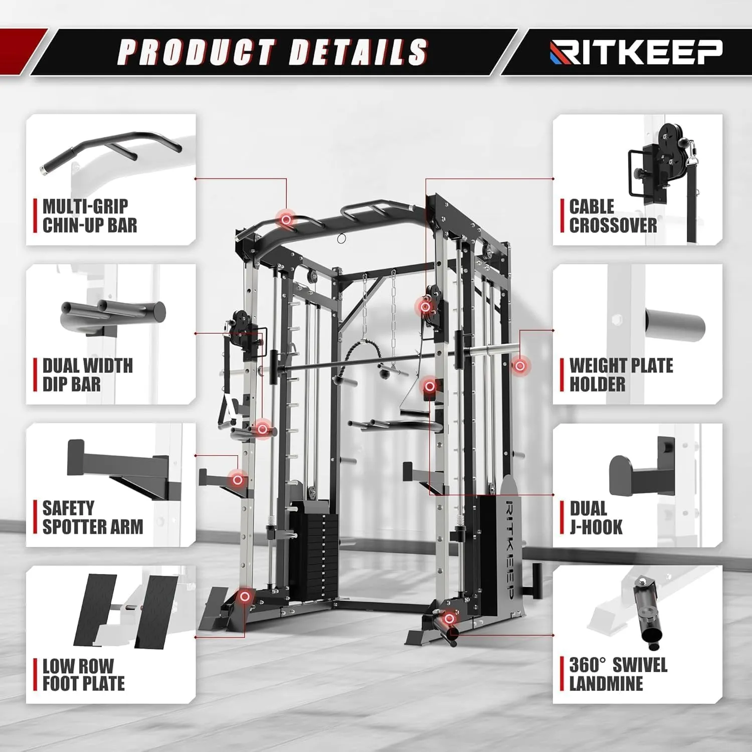 RitKeep PMAX 5600 Home Gym SmithΔ Machine, 6-in-1 Strength Training System with 326lb Dual Weight Stacks, Multi-Accessories Including Chin-up, Dip Bar, Low Row and Landmine.