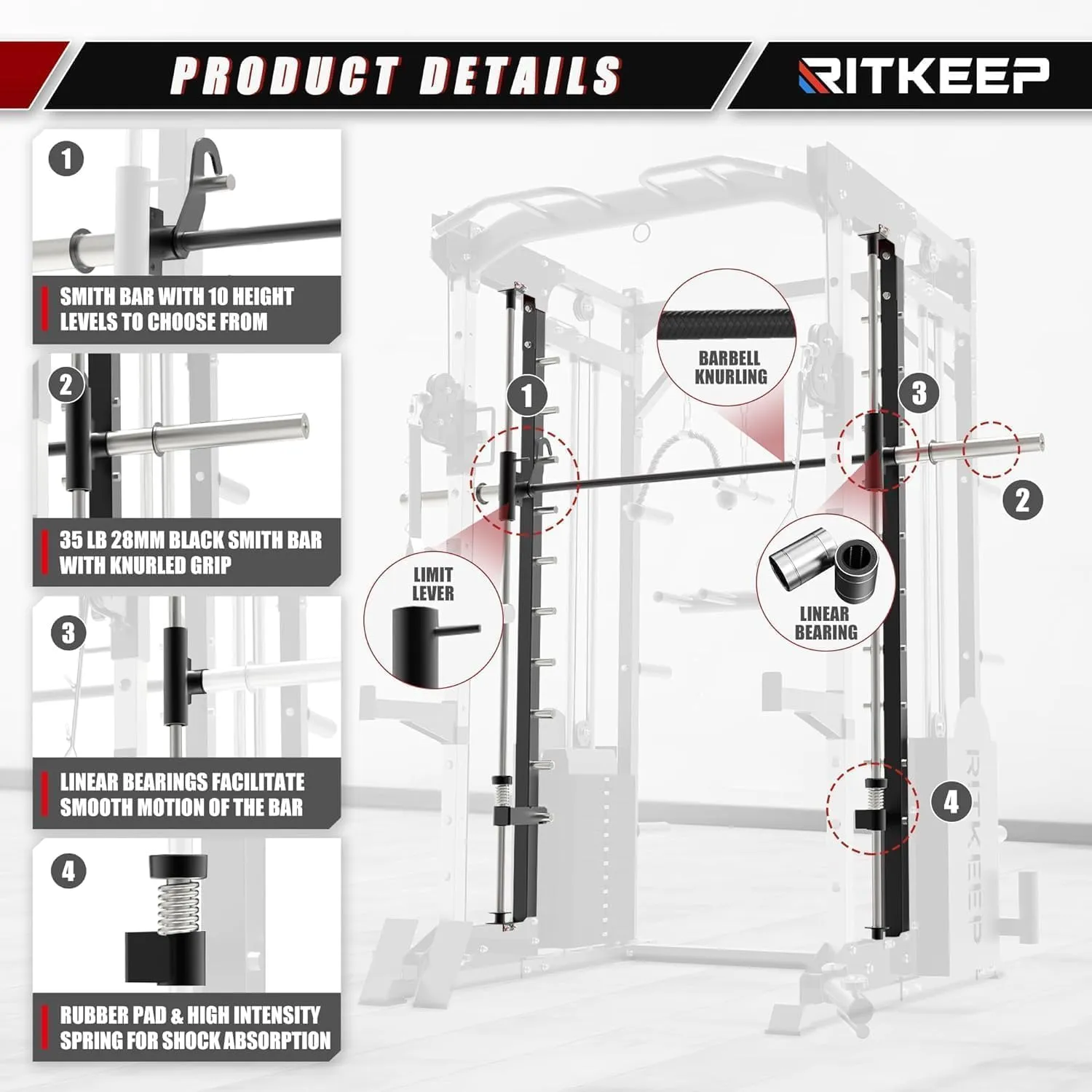 RitKeep PMAX 5600 Home Gym SmithΔ Machine, 6-in-1 Strength Training System with 326lb Dual Weight Stacks, Multi-Accessories Including Chin-up, Dip Bar, Low Row and Landmine.