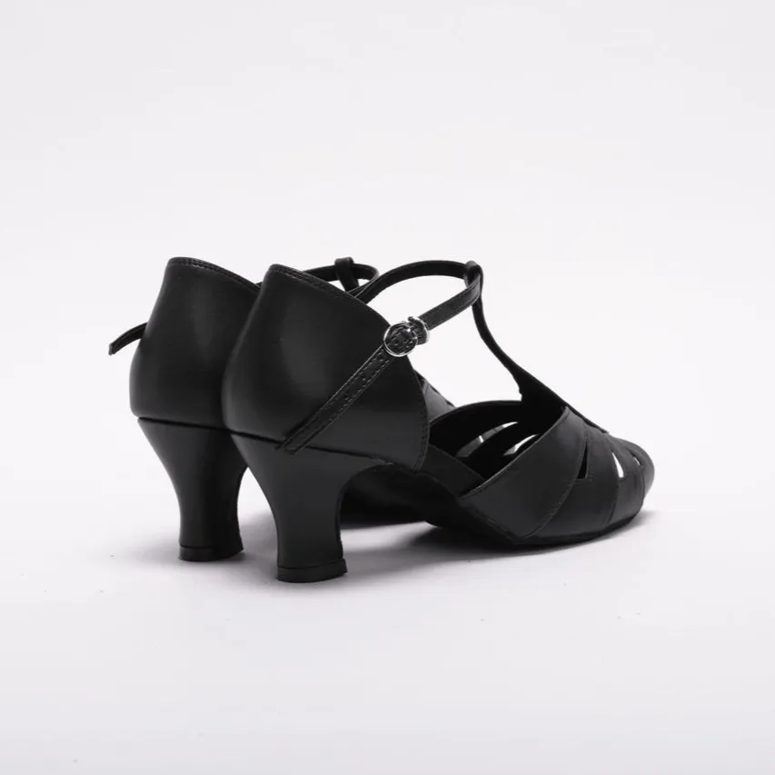 S230B1- Ladies, Classic, Vintage Inspired, Peep Toe, 4 Strap, T-Bar Dance Shoe in Black Vegan Leather
