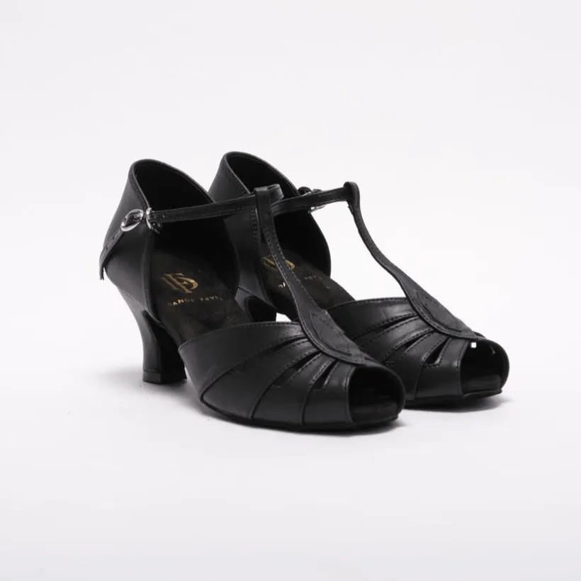 S230B1- Ladies, Classic, Vintage Inspired, Peep Toe, 4 Strap, T-Bar Dance Shoe in Black Vegan Leather