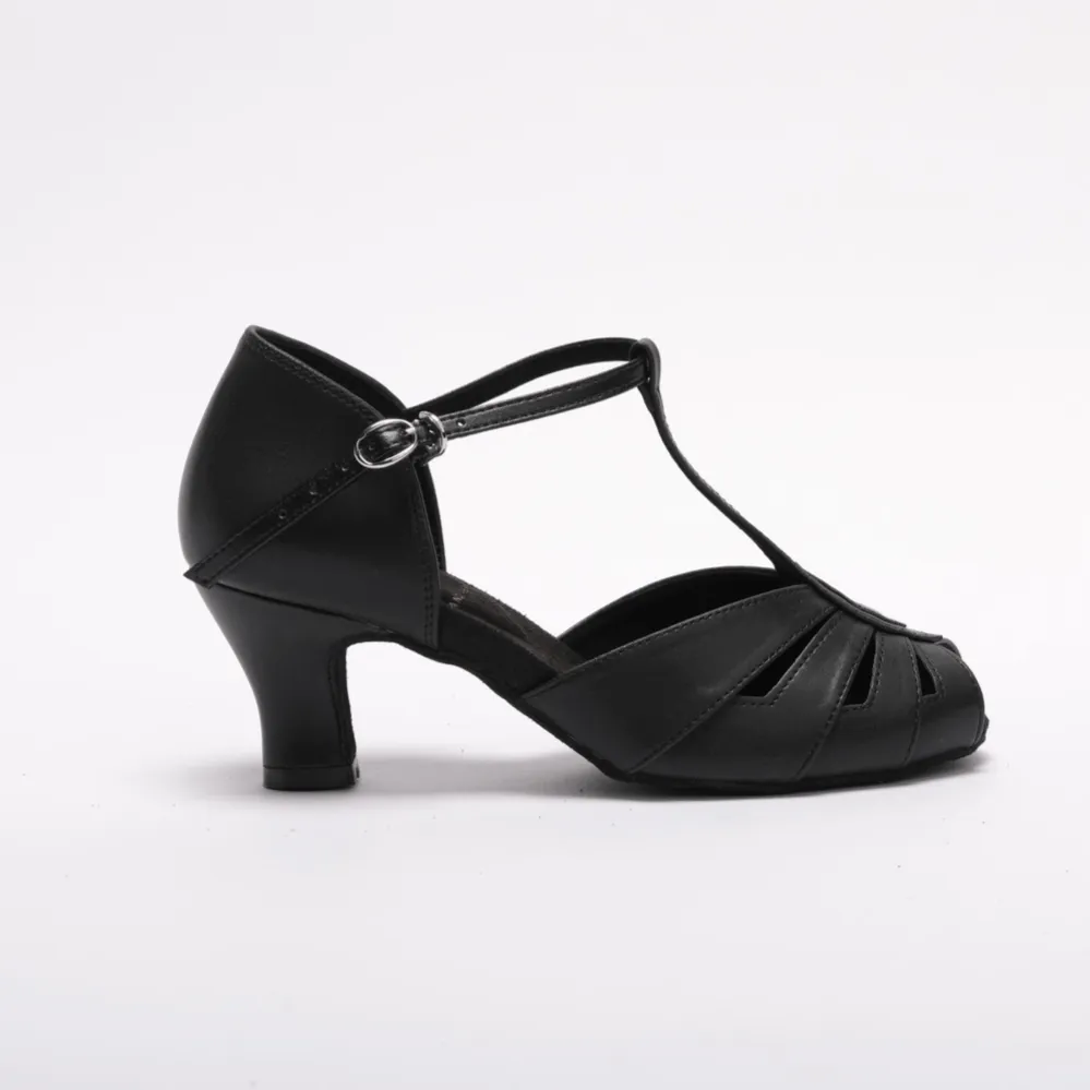 S230B1- Ladies, Classic, Vintage Inspired, Peep Toe, 4 Strap, T-Bar Dance Shoe in Black Vegan Leather
