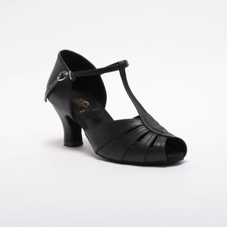 S230B1- Ladies, Classic, Vintage Inspired, Peep Toe, 4 Strap, T-Bar Dance Shoe in Black Vegan Leather