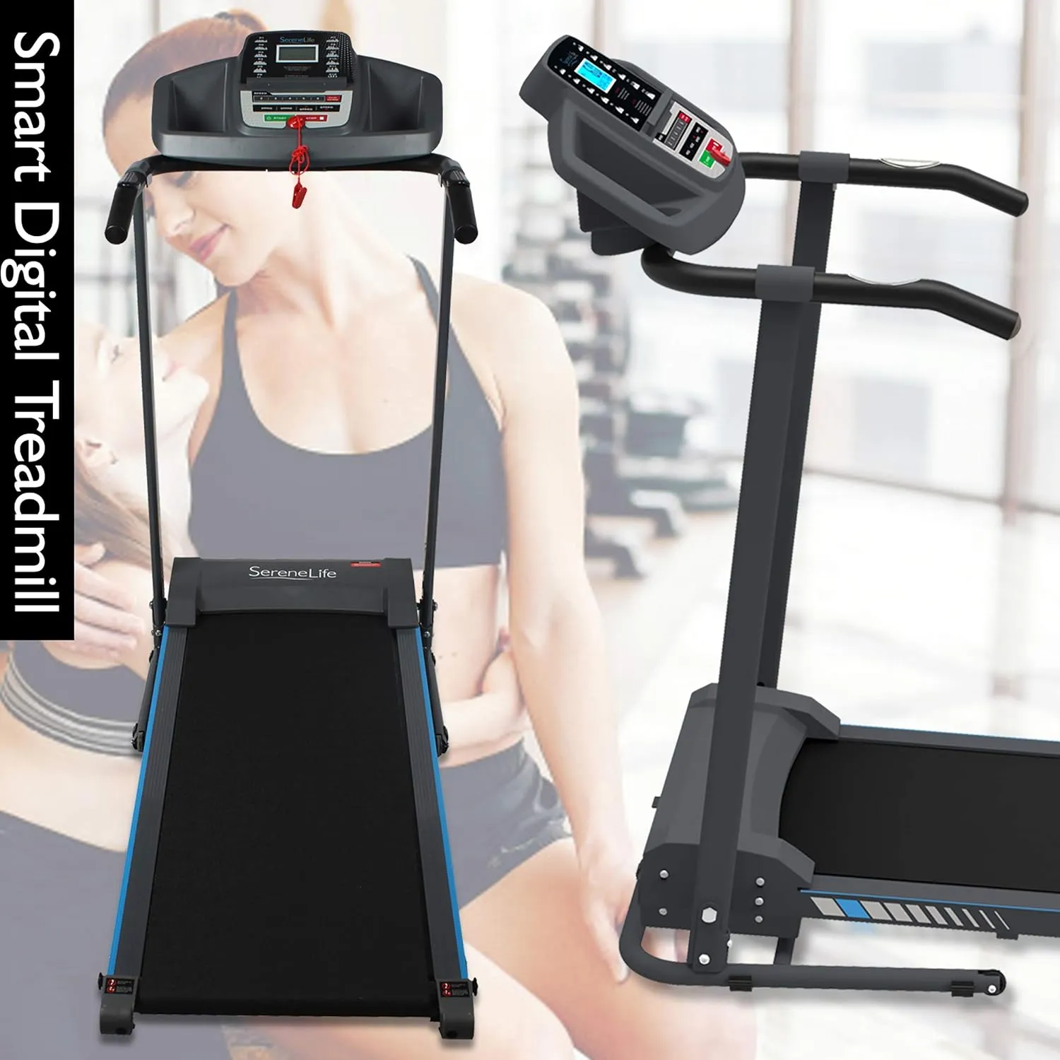 SereneLife Electric Folding Treadmill Exercise Machine - Smart Compact Digital Fitness Treadmill Workout Trainer w/Bluetooth App Sync, Manual Incline Adjustment, for Walking, Running, Gym