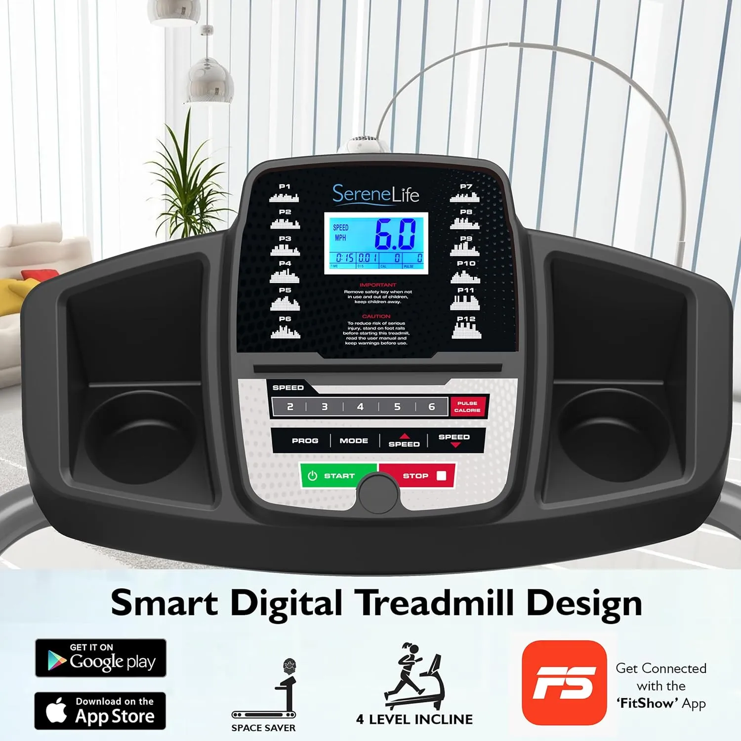 SereneLife Electric Folding Treadmill Exercise Machine - Smart Compact Digital Fitness Treadmill Workout Trainer w/Bluetooth App Sync, Manual Incline Adjustment, for Walking, Running, Gym
