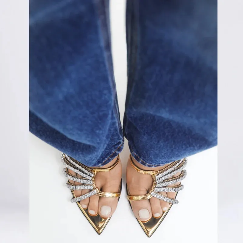 Sexy Golden CRYSTAL Thin Heels Slipper Women