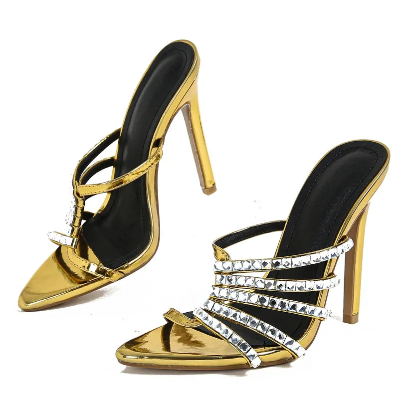 Sexy Golden CRYSTAL Thin Heels Slipper Women