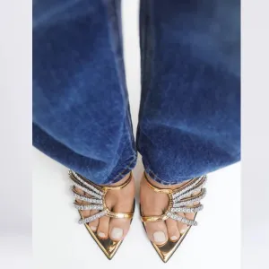 Sexy Golden CRYSTAL Thin Heels Slipper Women