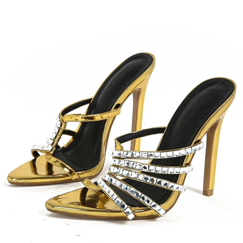Sexy Golden CRYSTAL Thin Heels Slipper Women