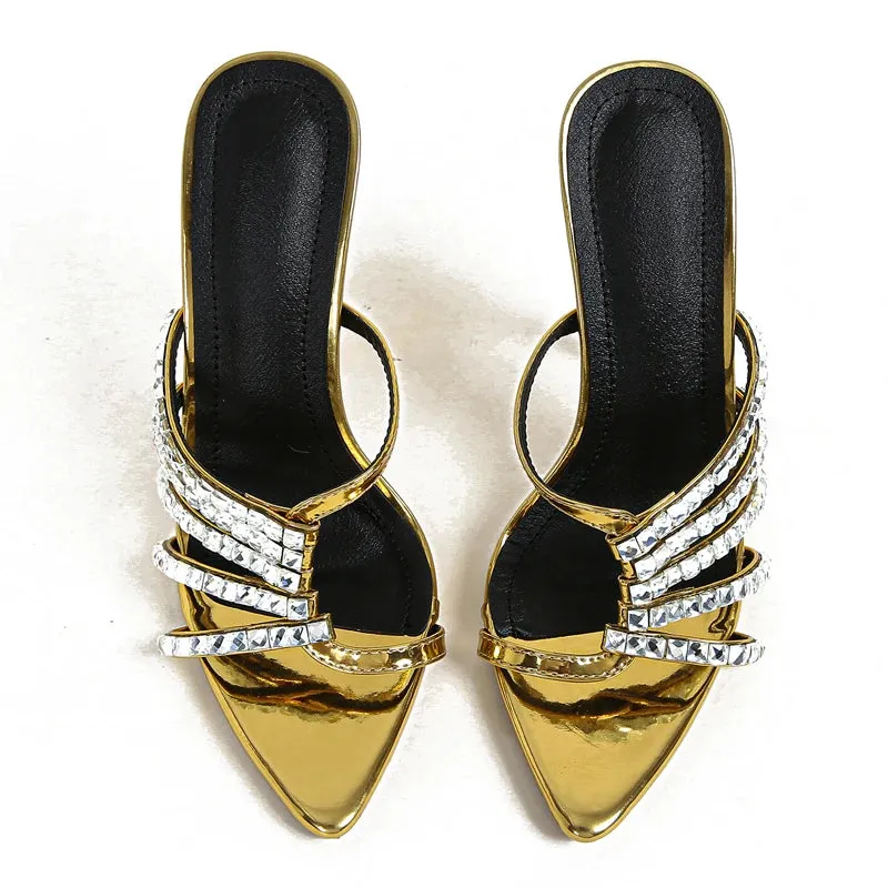 Sexy Golden CRYSTAL Thin Heels Slipper Women