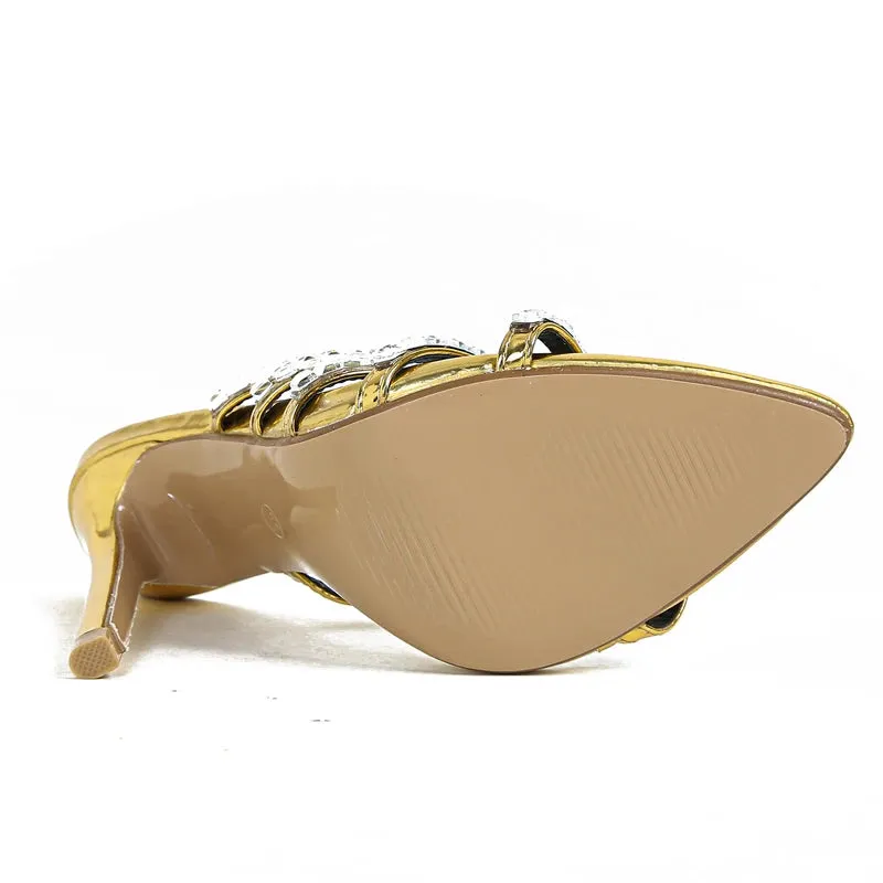 Sexy Golden CRYSTAL Thin Heels Slipper Women