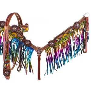 Showman ® Hand Painted Feather, Sunflower and Cactus Brow band Headstall and Breast collar Set