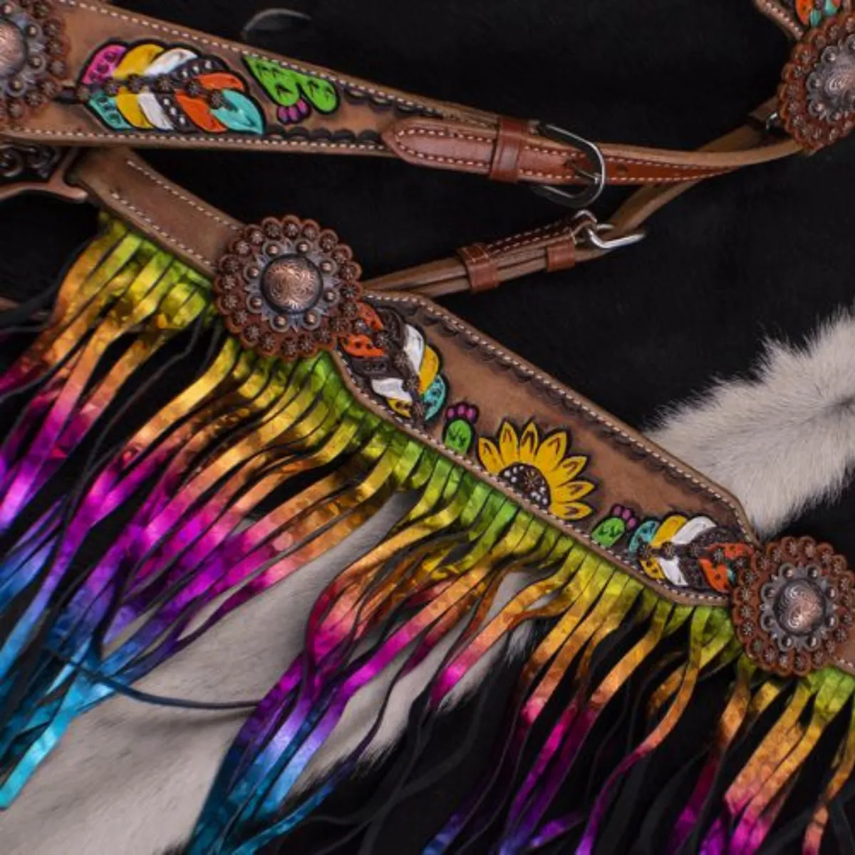 Showman ® Hand Painted Feather, Sunflower and Cactus Brow band Headstall and Breast collar Set