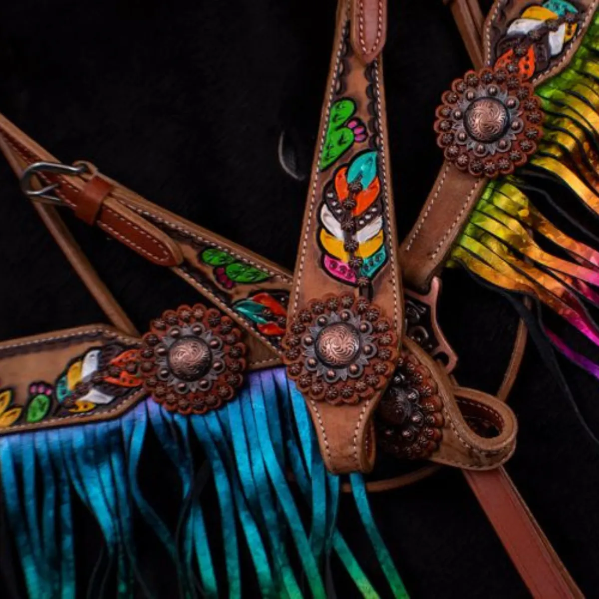 Showman ® Hand Painted Feather, Sunflower and Cactus Brow band Headstall and Breast collar Set