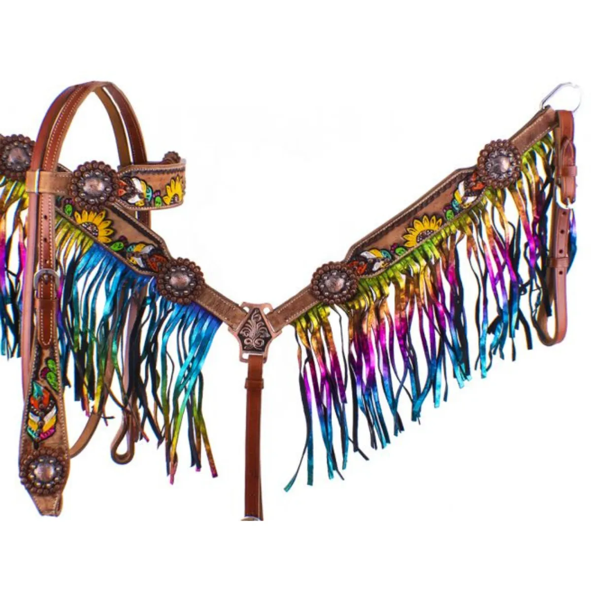 Showman ® Hand Painted Feather, Sunflower and Cactus Brow band Headstall and Breast collar Set