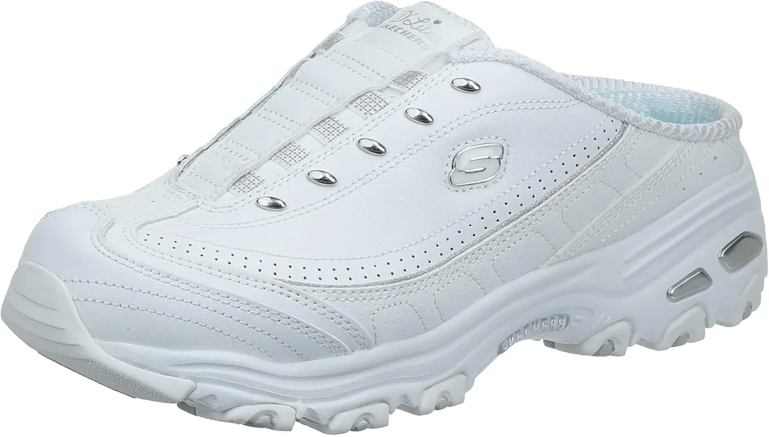 Skechers Women's D'Lites Bright Sky Mule, White/White/Silver, Size 9.5