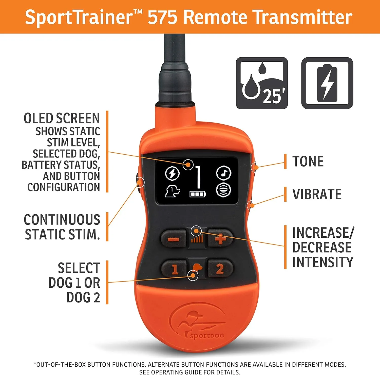 SportDOG Brand SportTrainer 575 Remote Trainer - Bright, Easy to Read OLED Screen - 500 Yard Range - Waterproof, Rechargeable Dog Training Collar with Tone, Vibration, and Static, Orange