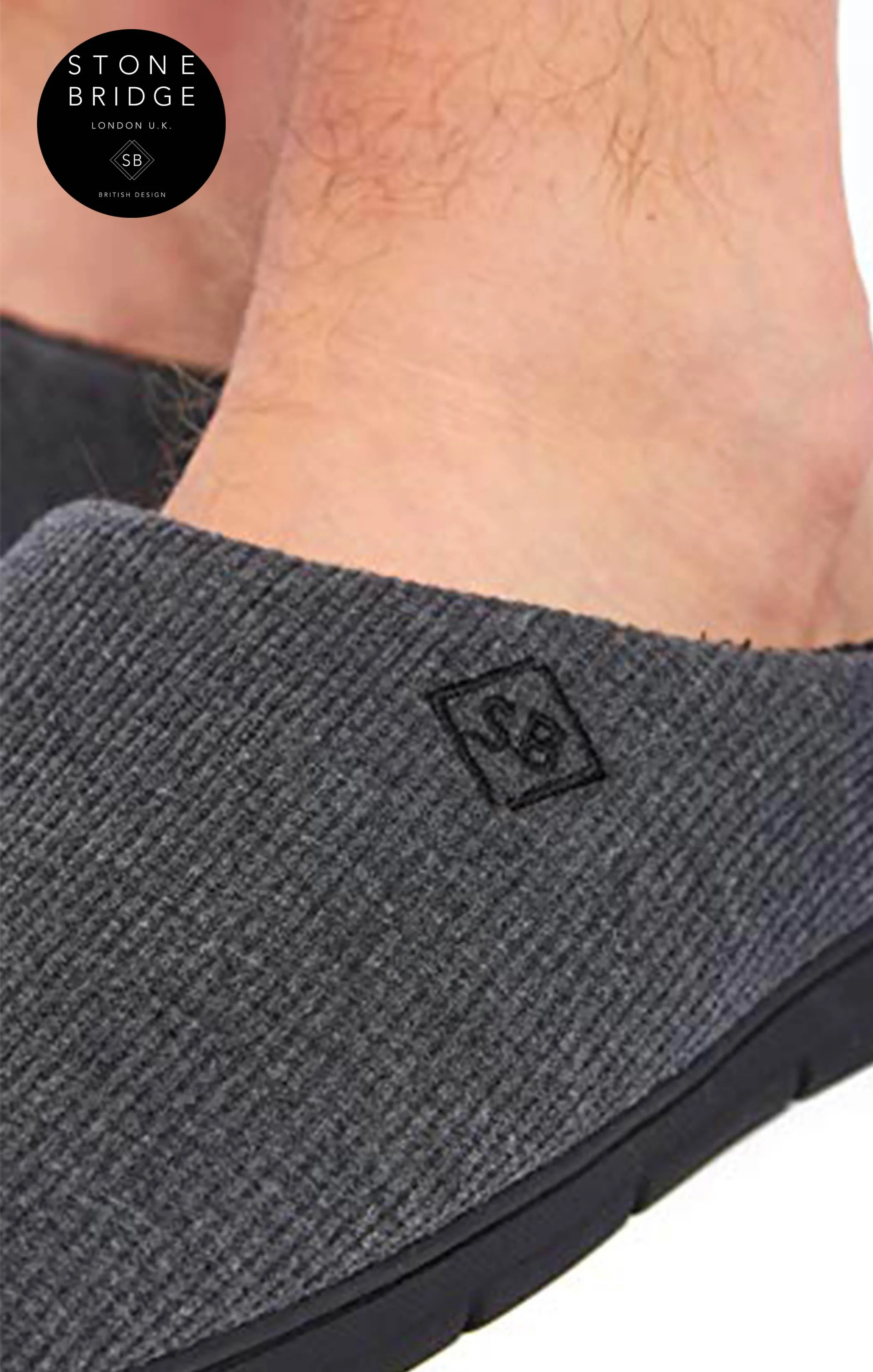 STONEBRIDGE Men's Grey Luxury Memory Foam Plush Lined Mule Slippers with Anti-Slip Sole