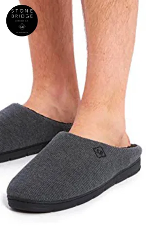 STONEBRIDGE Men's Grey Luxury Memory Foam Plush Lined Mule Slippers with Anti-Slip Sole