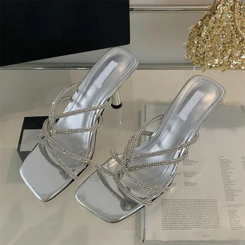 Summer Fashion CRYSTAL Narrow Band Women Slipper Square Toe Thin Low Heels
