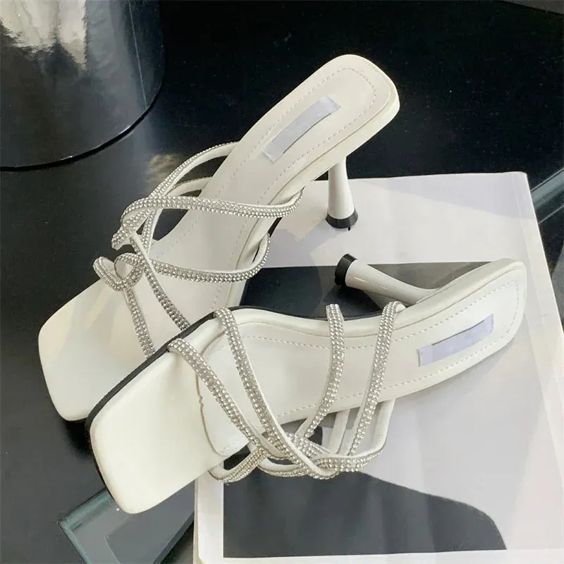 Summer Fashion CRYSTAL Narrow Band Women Slipper Square Toe Thin Low Heels