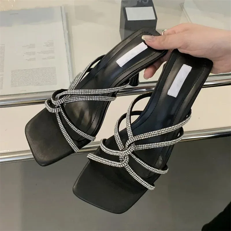 Summer Fashion CRYSTAL Narrow Band Women Slipper Square Toe Thin Low Heels