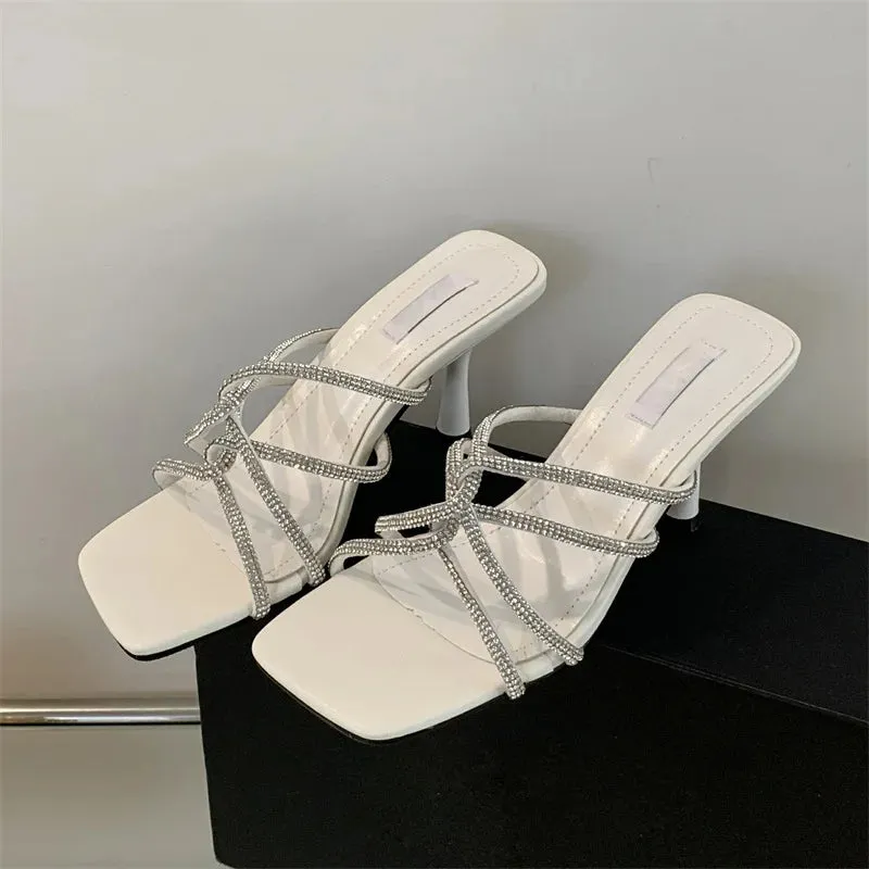 Summer Fashion CRYSTAL Narrow Band Women Slipper Square Toe Thin Low Heels