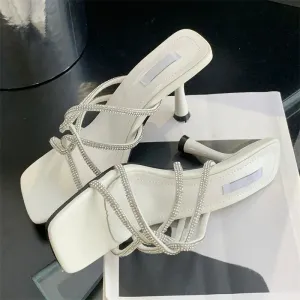 Summer Fashion CRYSTAL Narrow Band Women Slipper Square Toe Thin Low Heels
