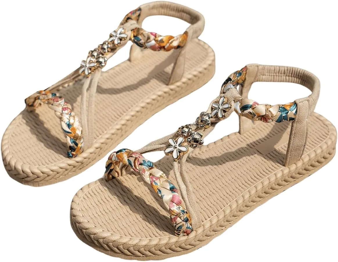 SweatyRocks Women's Floral Braided Flat Sandals Ankle Strap Open Toe Vocation Beach Sandals