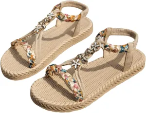 SweatyRocks Women's Floral Braided Flat Sandals Ankle Strap Open Toe Vocation Beach Sandals