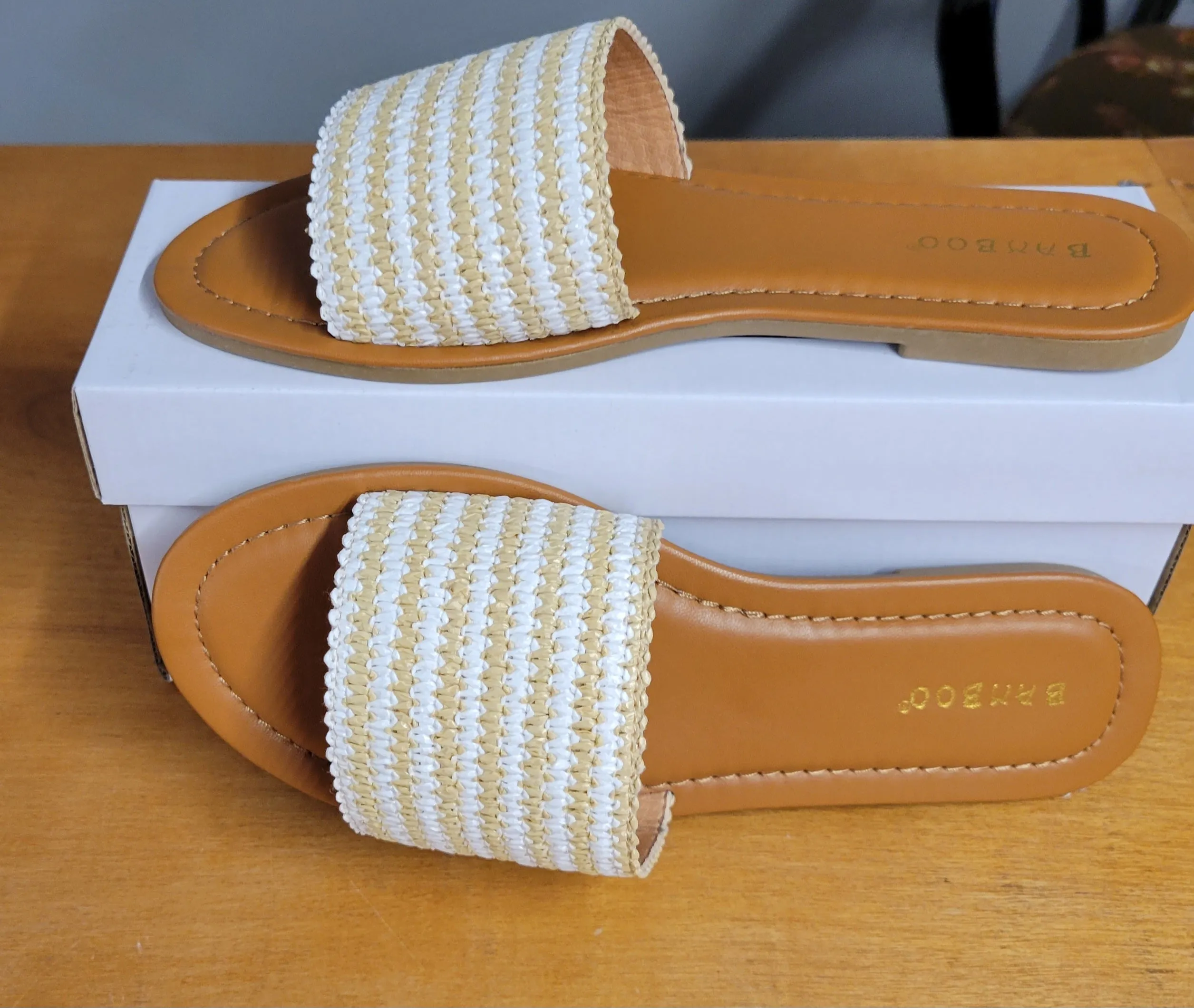 Tan and White woven slip on sandal