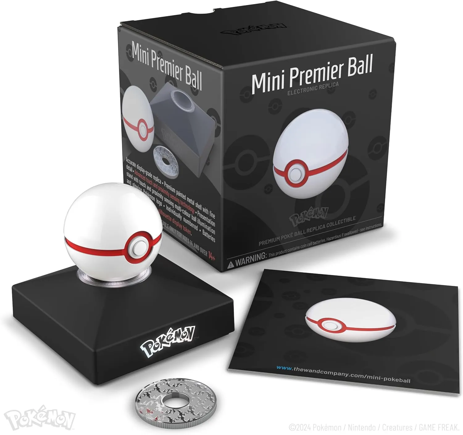 The Wand Company Pokémon Trainer Mini Poké Ball Range of Authentic Replicas - Realistic, Electronic, Die-Cast Poké Ball with Display Stand Light Features (Mini Premier Ball)
