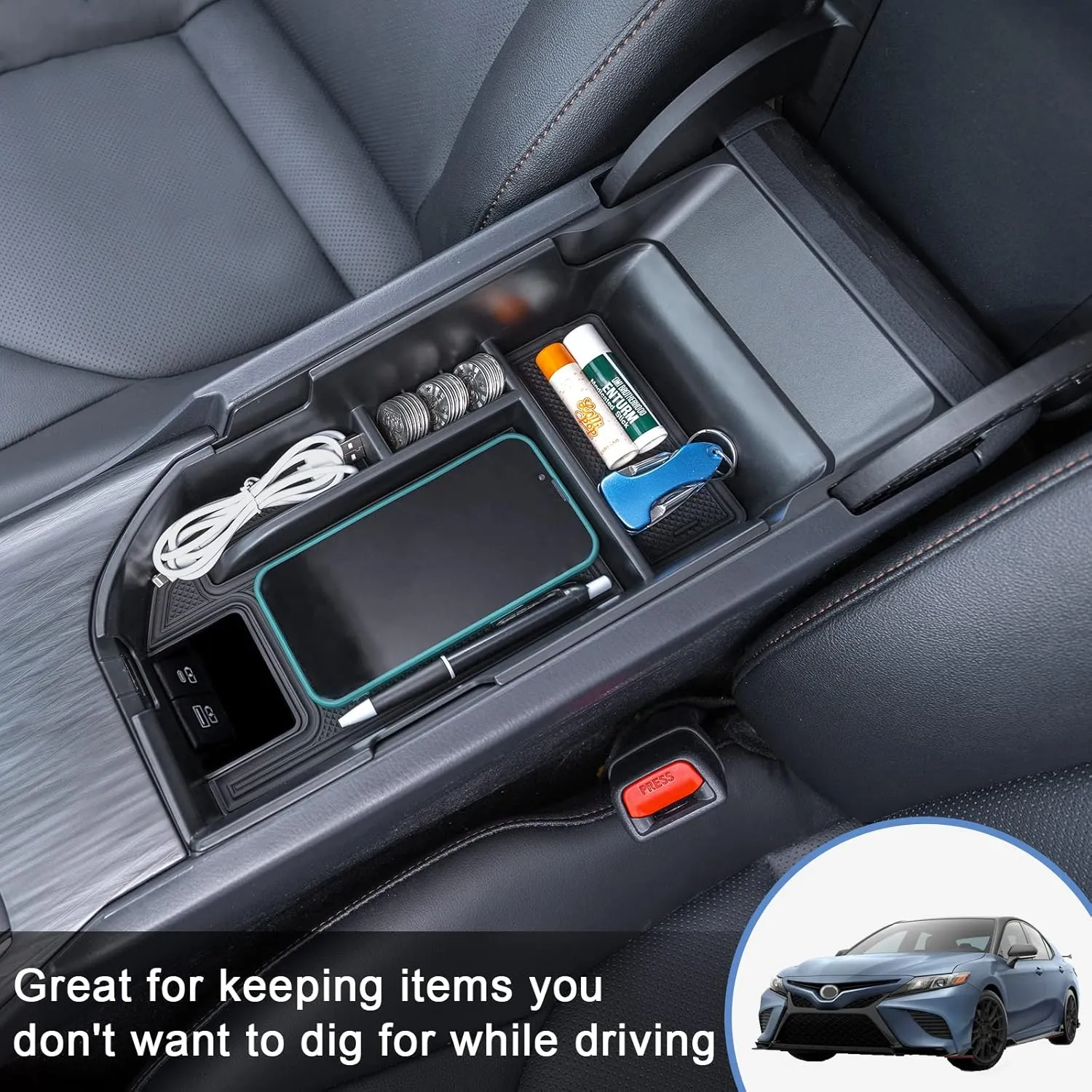 TOPINSTALL Center Console Tray Compatible with 2018-2024 Toyota Camry XLE XSE and 2020-2024 Camry LE SE with Dual USB Ports, Interior Accessories Armrest Console Organizer (Not for 2025)
