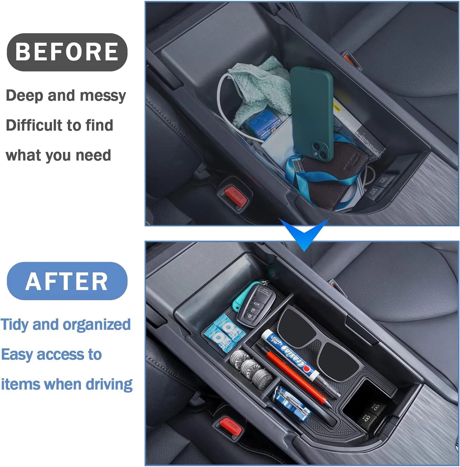 TOPINSTALL Center Console Tray Compatible with 2018-2024 Toyota Camry XLE XSE and 2020-2024 Camry LE SE with Dual USB Ports, Interior Accessories Armrest Console Organizer (Not for 2025)